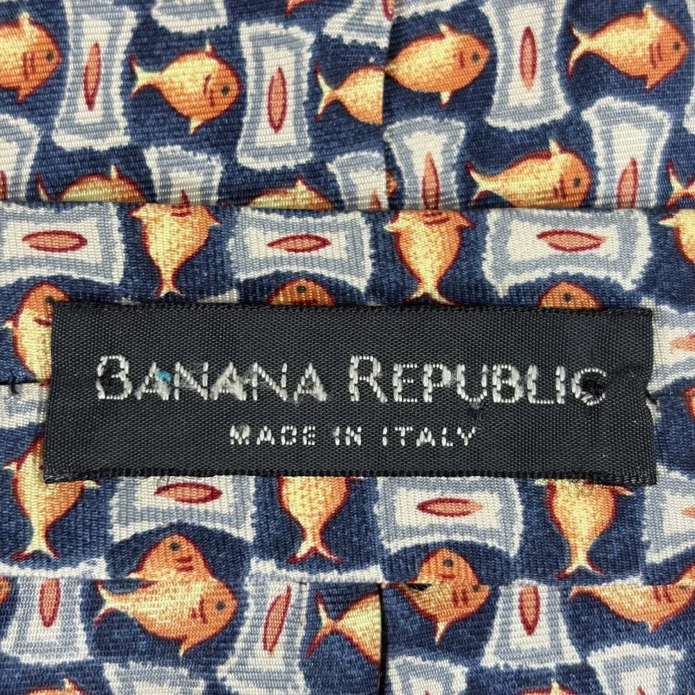 Vintage 90s Banana‎ Republic Silk Fish Tie Navy Orange Novelty Tie Grandpacore